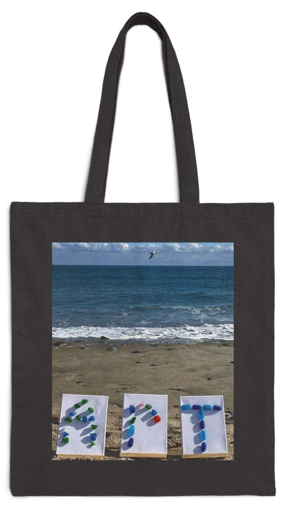 Art Tote Bag Black 15" x 16" Cotton Canvas Different Print on Each Side. "Seaside Art & Beach Art"