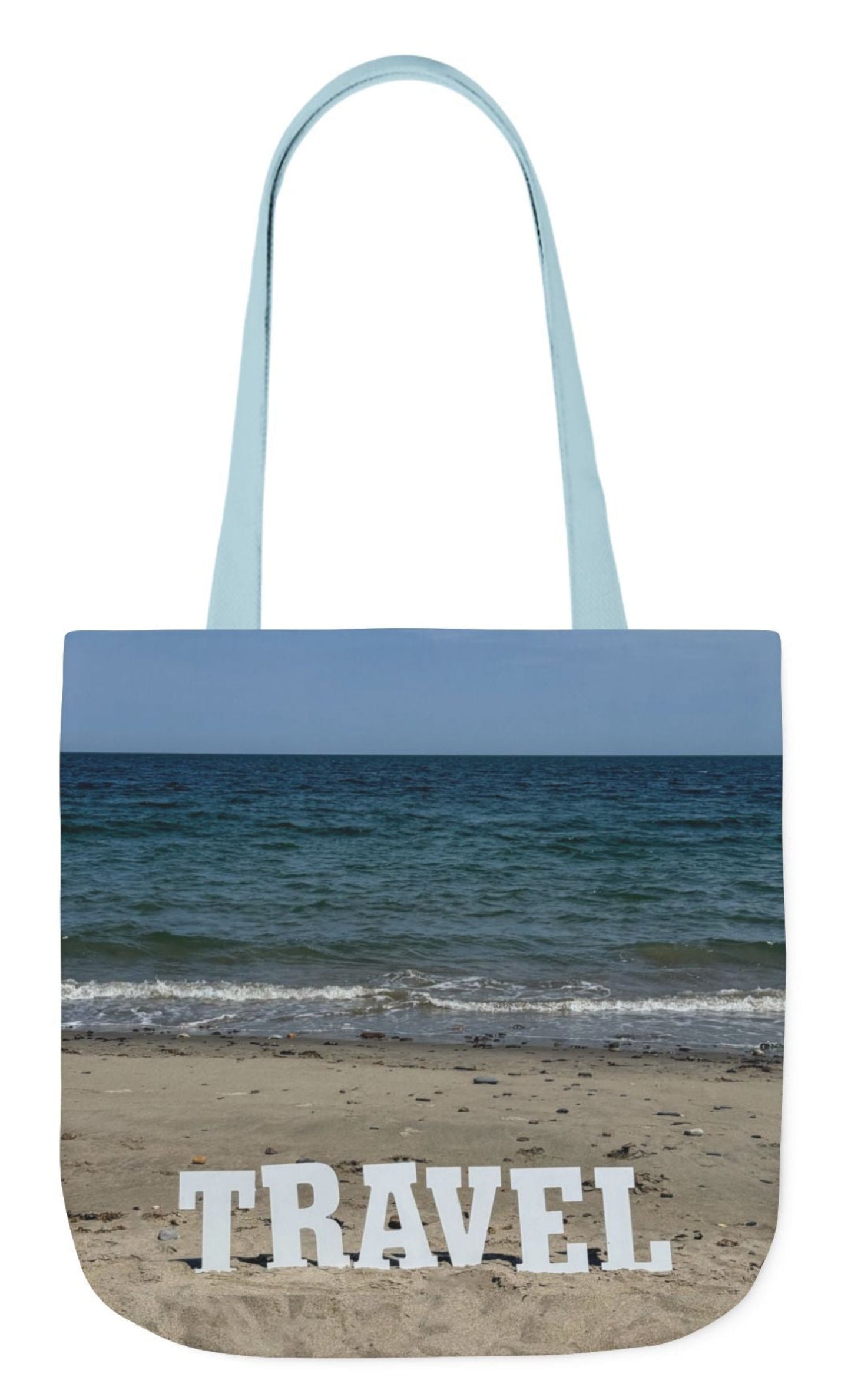 back of personalized travel tote bag with blue handles matching beach scene each side