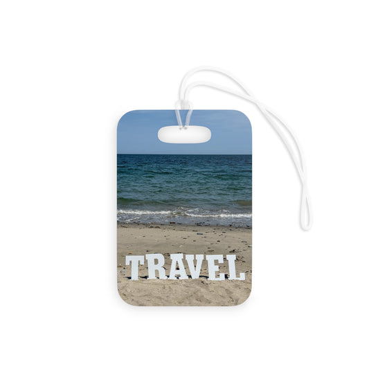 Plastic Luggage Tag Same Print on each side with a Glossy Finish and clear Acrylic tie. "Beach Travel Tag"