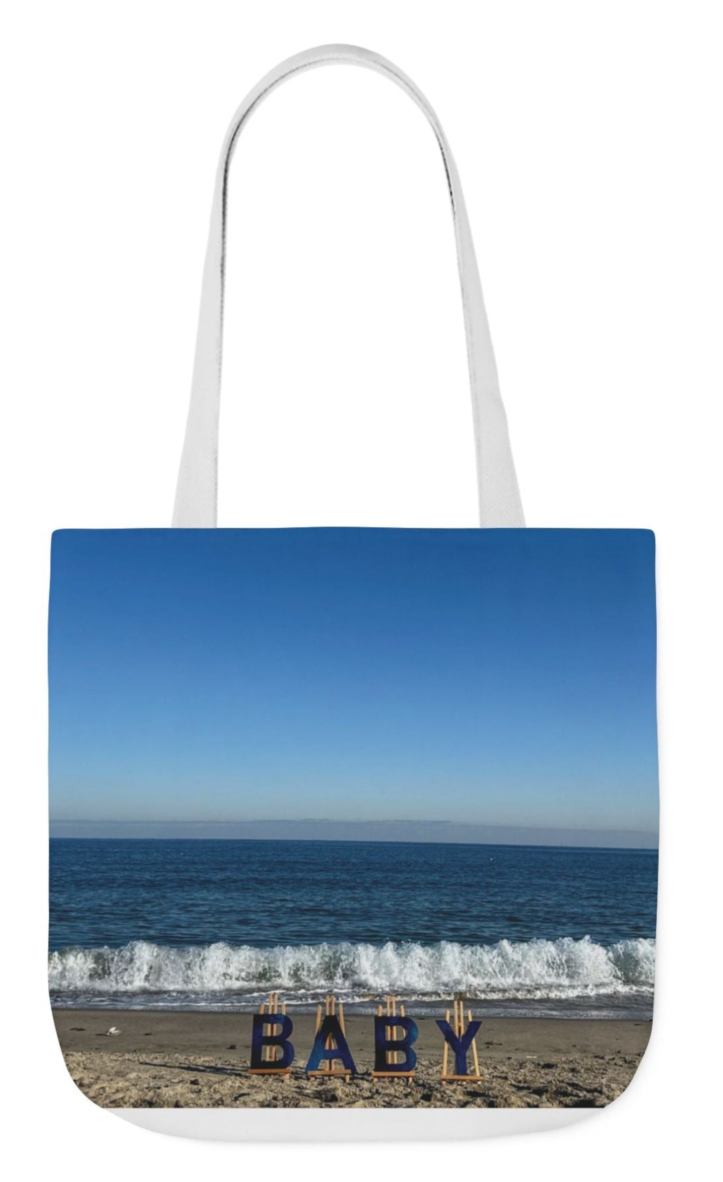 back of personalized baby tote bag different print on each side 18" x 18" white handles