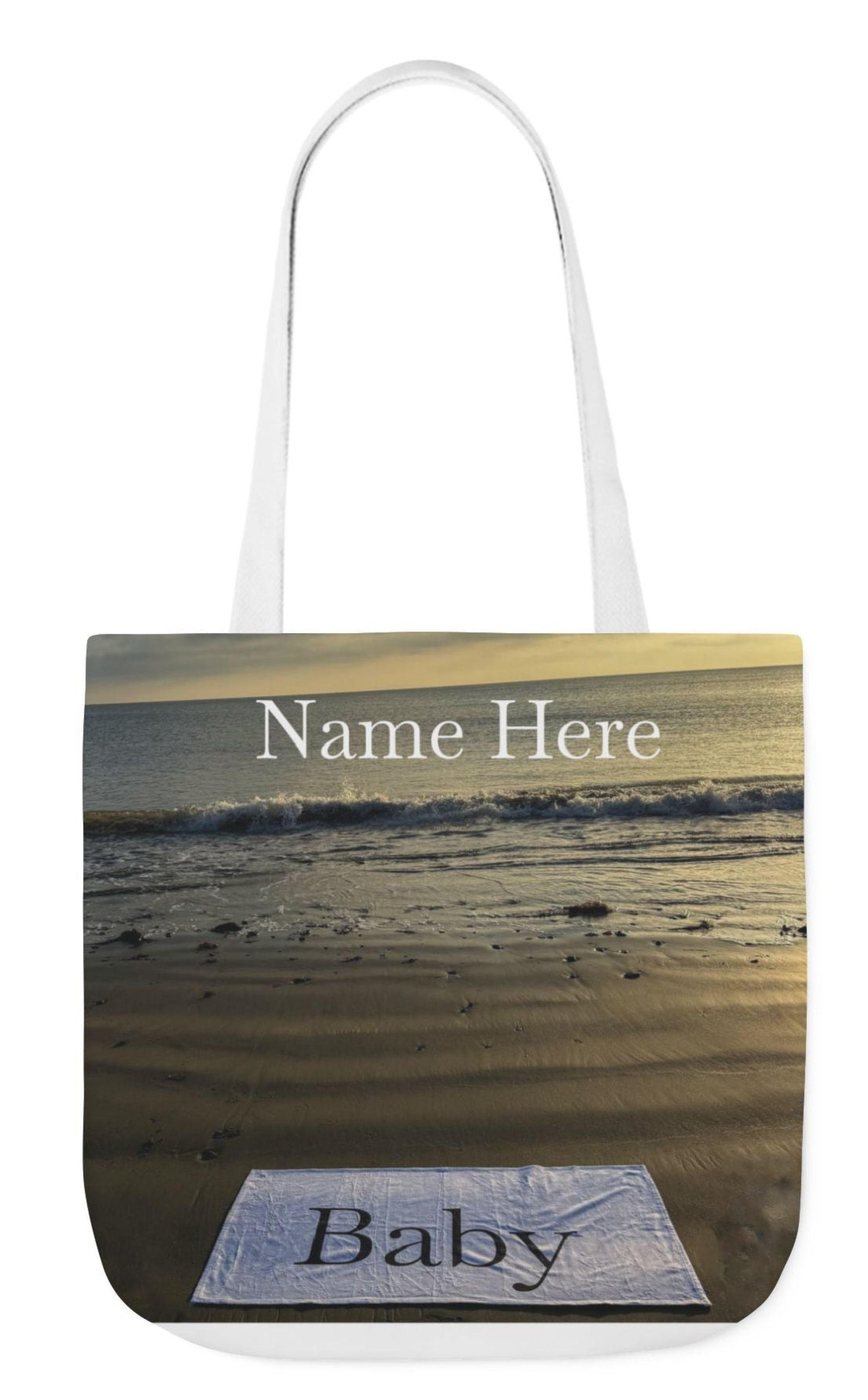 personalized baby tote bag with different print on each side. 18" x 18" white handles