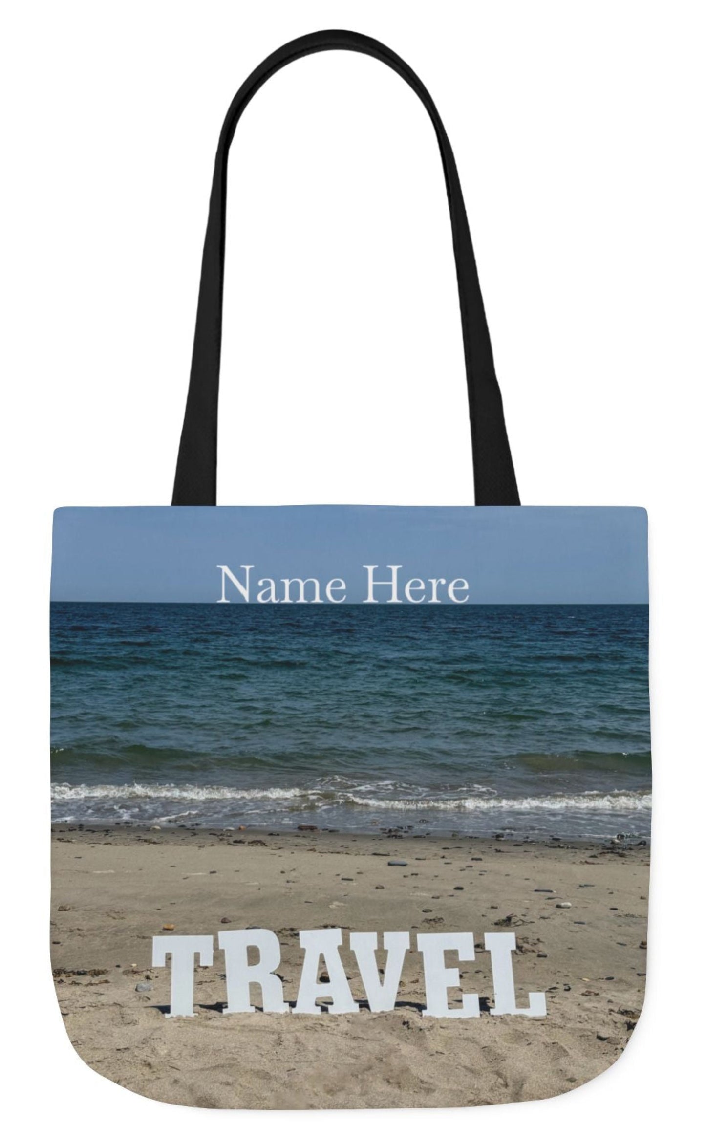 personalized travel tote bag with black handles  matching beach scenes on each side