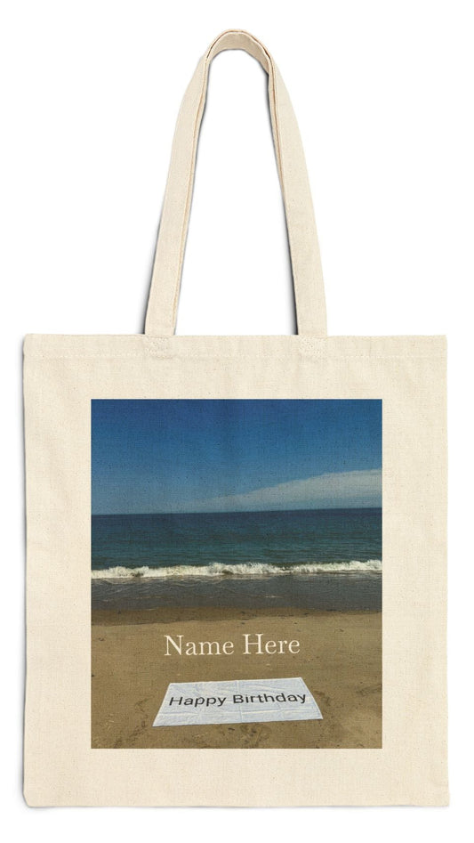 Birthday Tote Bag Natural Color 15" x 16" Cotton Canvas Print on One Side. "Beach Sand Birthday" Personalize it)