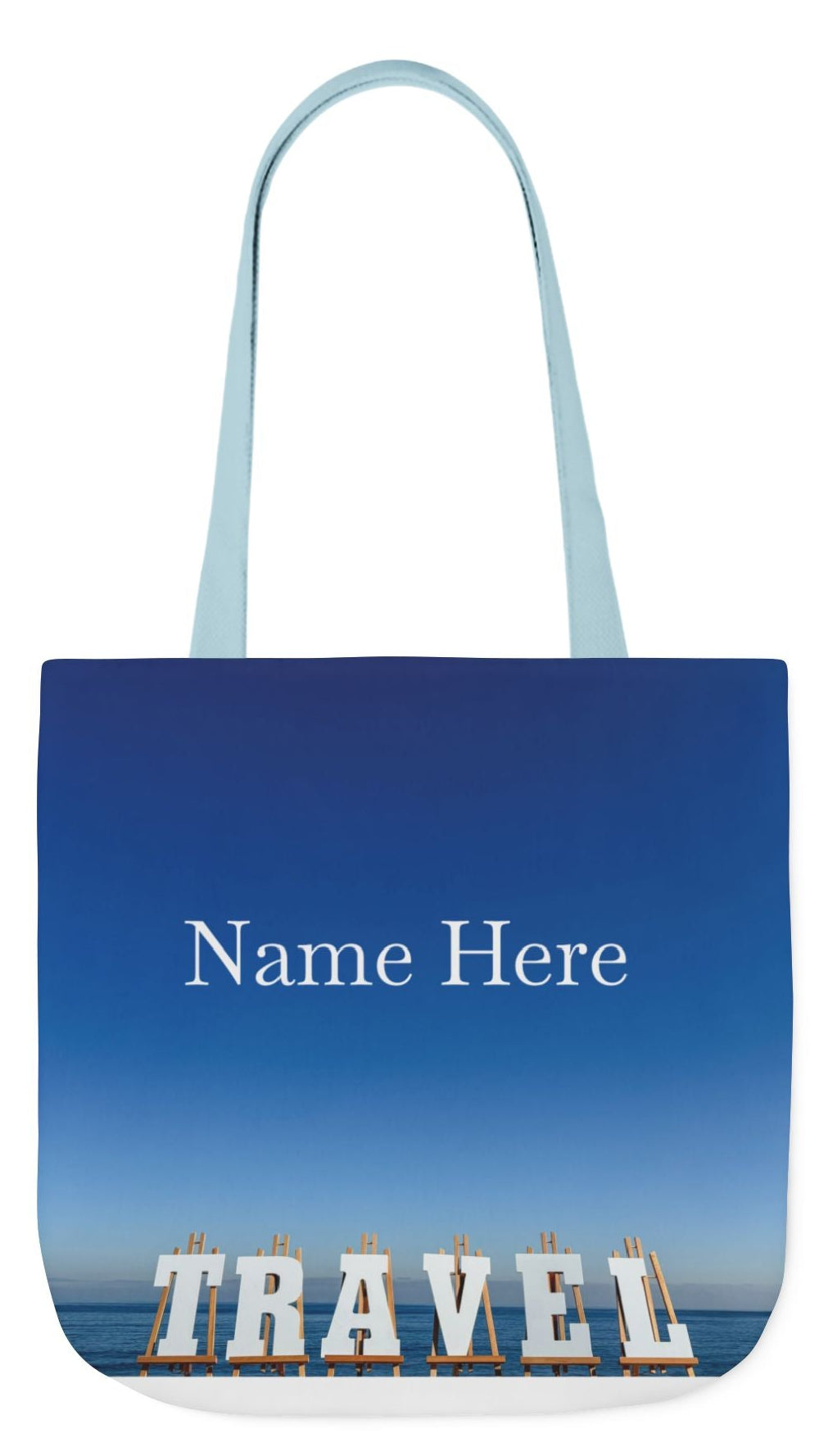 Travel Tote Bag 18” x 18” different print on each side. 5 handle color options. “Seaside & Beach Travel Bag Personalized”