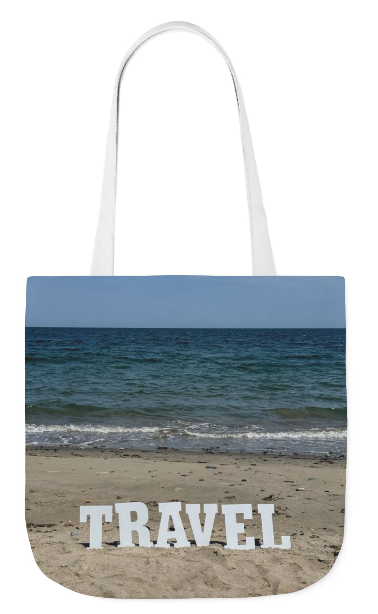 travel tote bag with white handles matching beach scene on each side