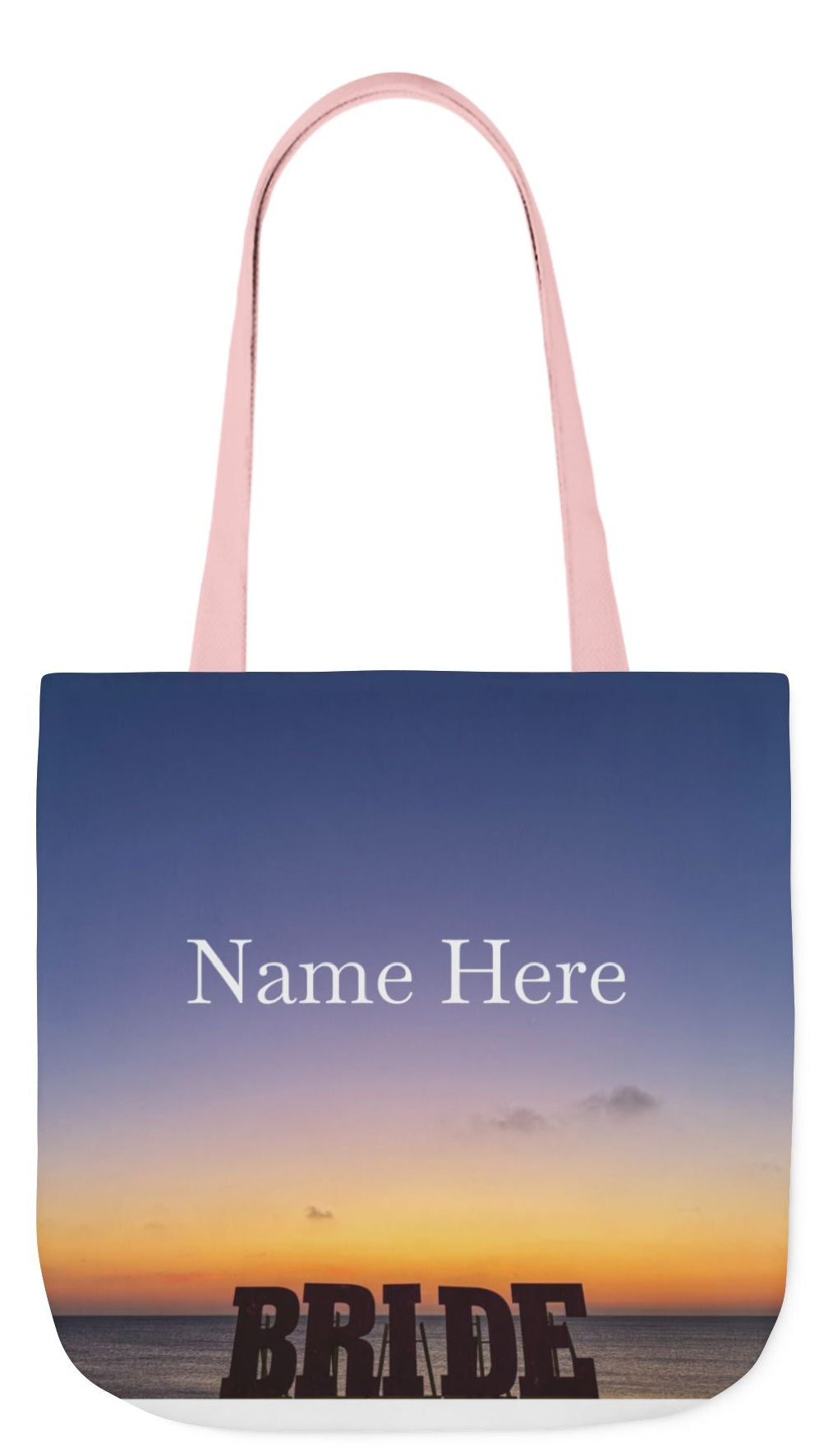 Bride Tote Bag 18” x 18” same print on each side. Choice of Pink or White Handles. "Daybreak Bride Bag Personalized"