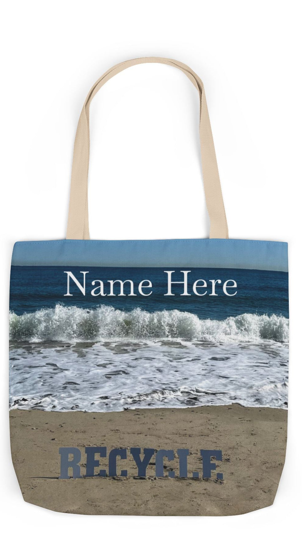 Recycle Tote Bag 18” x 18” same print on each side. 5 Handle Color Options. "Beach Recycle Bag Personalized”
