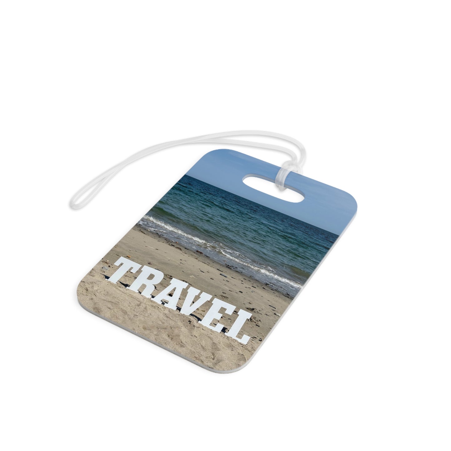 Plastic Luggage Tag Same Print on each side with a Glossy Finish and clear Acrylic tie. "Beach Travel Tag"