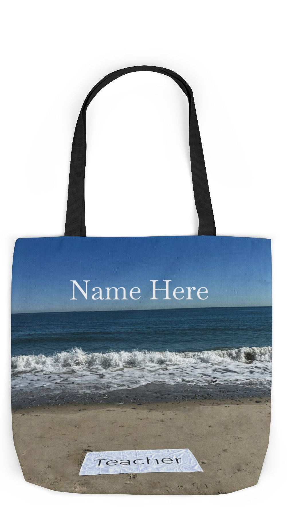 Teacher Tote Bag 18” x 18”  same print on each side. 5 Handle Color Options. “Beachfront Teacher Bag”