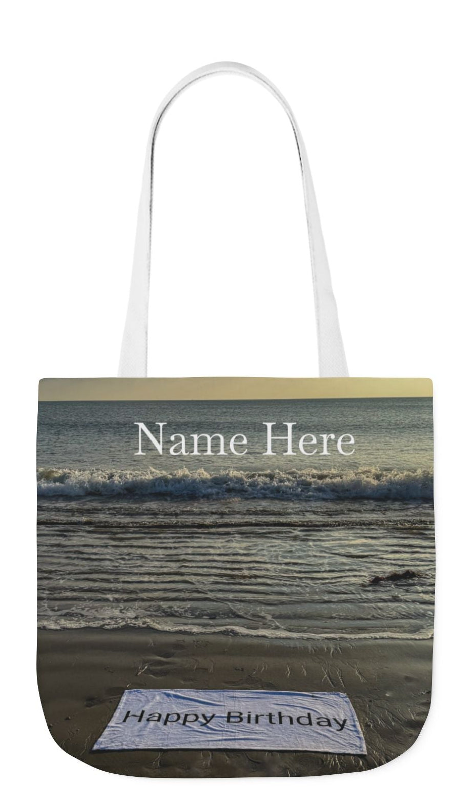 Birthday Tote Bag 13” x 13” different print on each side. 3 Handle Color Options. “Beachfront Birthday Bag Personalized”