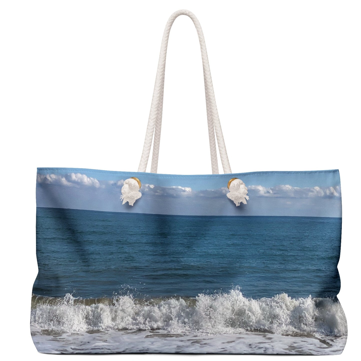 Weekender Tote Bag 24" x 13" with Different Print on Each Side and Rope Handles. “Big Waves & Shore Bird"