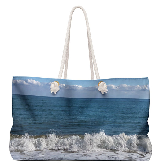 Beach Weekender Tote Bag 24" x 13" with Different Print on Each Side and Rope Handles. “Big Waves & Shore Bird”