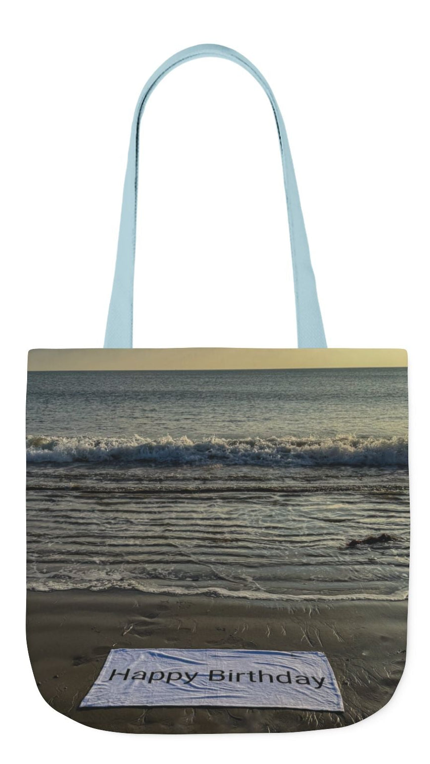 Birthday Tote Bag 13” x 13” different print on each side. 3 Handle Color Options. “Beachfront Birthday Bag”