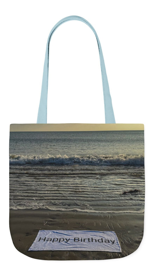 Birthday Tote Bag 13” x 13” different print on each side. 3 Handle Color Options. “Beachfront Birthday Bag”