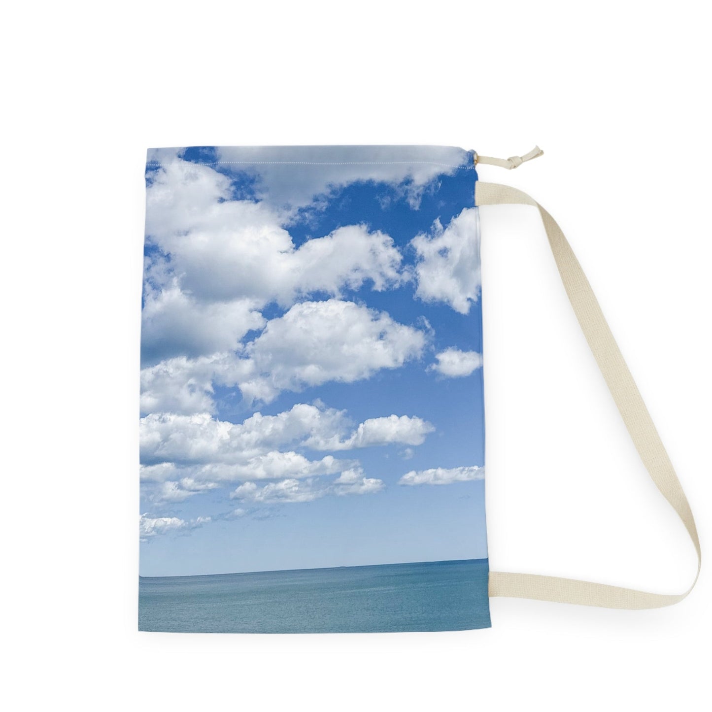 Laundry Bag with Shoulder Strap and Drawstring Different Print on Each Side. 28" x 36” “Seaside Bright Clouds Laundry”
