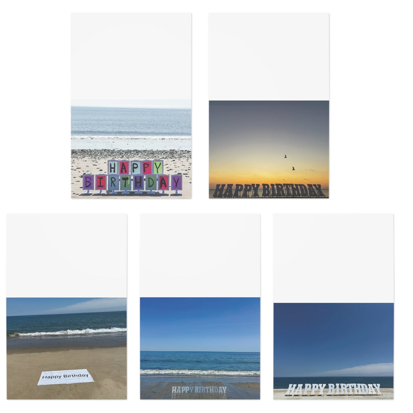 Set of 5 Different Coastal Birthday Cards with envelopes.
