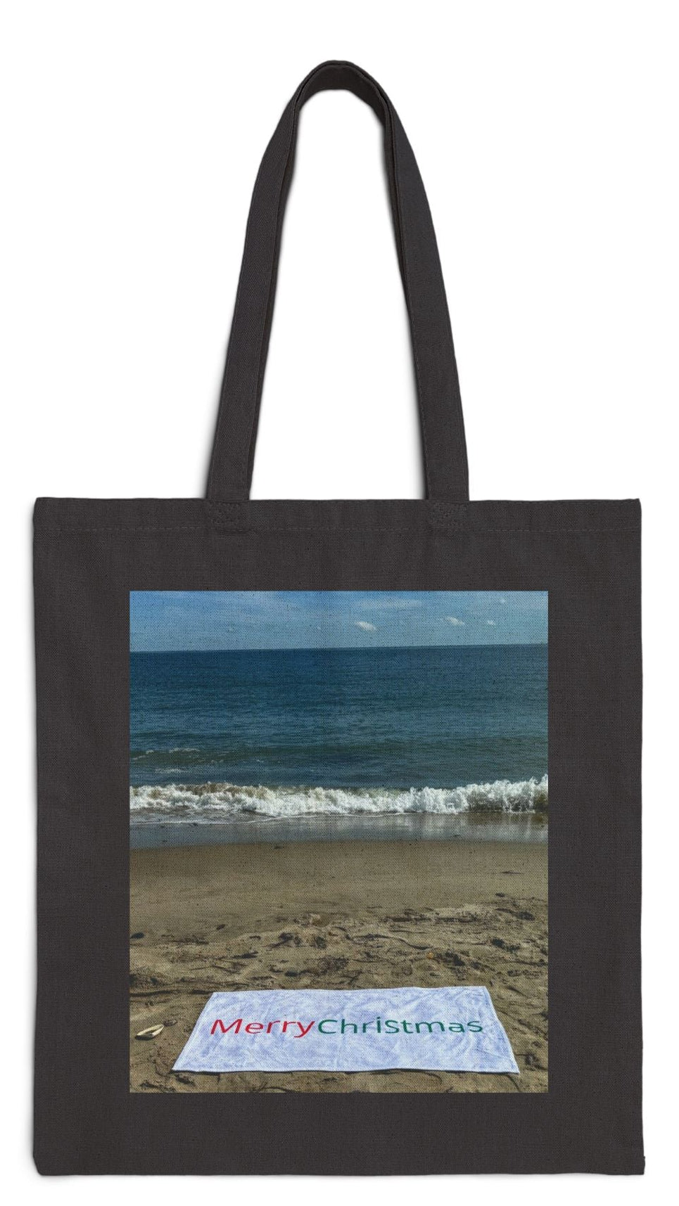 Christmas Cotton Canvas Black Tote Bag 15" x 16" Print on One Side "Beach Christmas with Seagull"