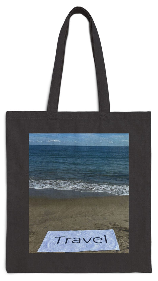Travel Tote Bag Black 15” x 16” Cotton Canvas Print on One Side. “Beachfront Travel Bag”