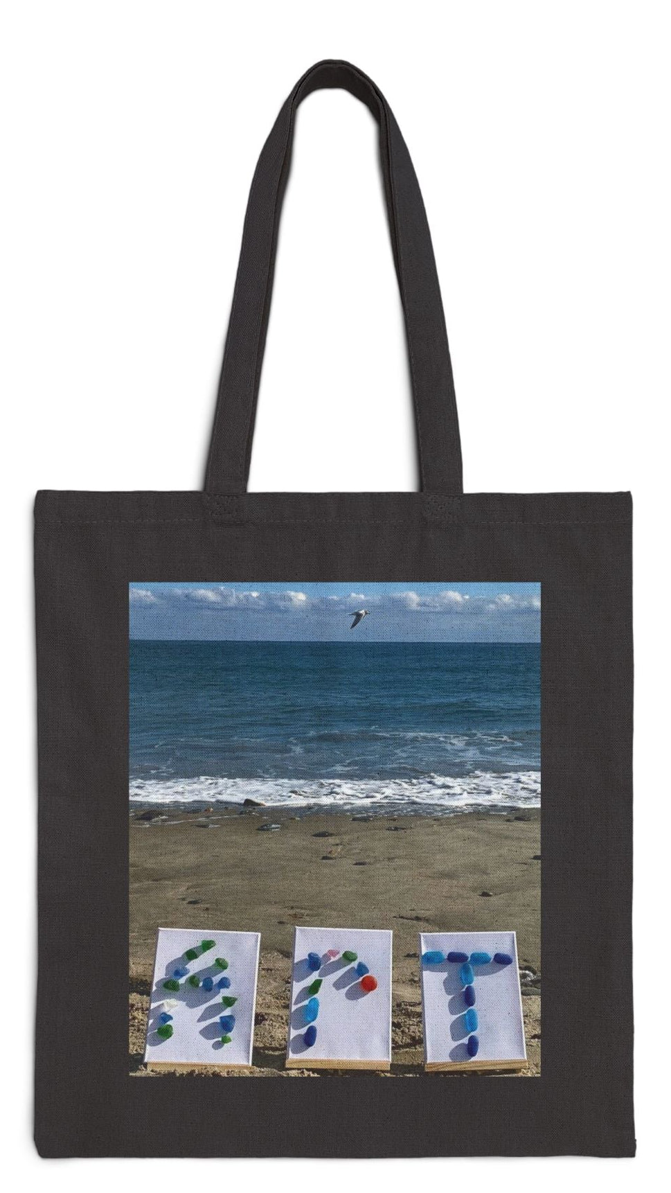Art Tote Bag Black 15" x 16" Cotton Canvas Print on One Side. "Beach Art"