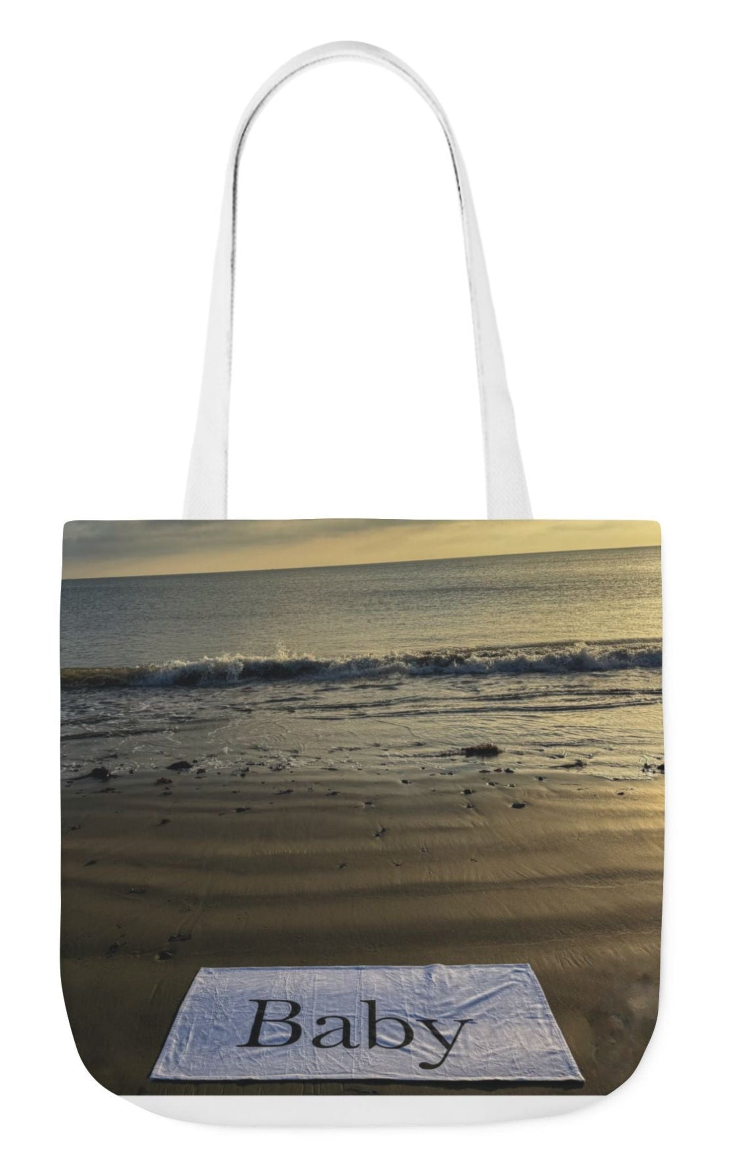 baby tote bag different print each side white handles 18" x 18"