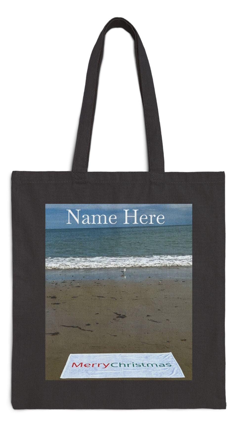 Christmas Tote Bag Black 15” x 16” Cotton Canvas Print on One Side “Beach Christmas with Seagull” (Personalize It)
