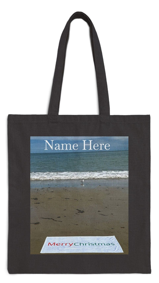Christmas Tote Bag Black 15” x 16” Cotton Canvas Print on One Side “Beach Christmas with Seagull” (Personalize It)