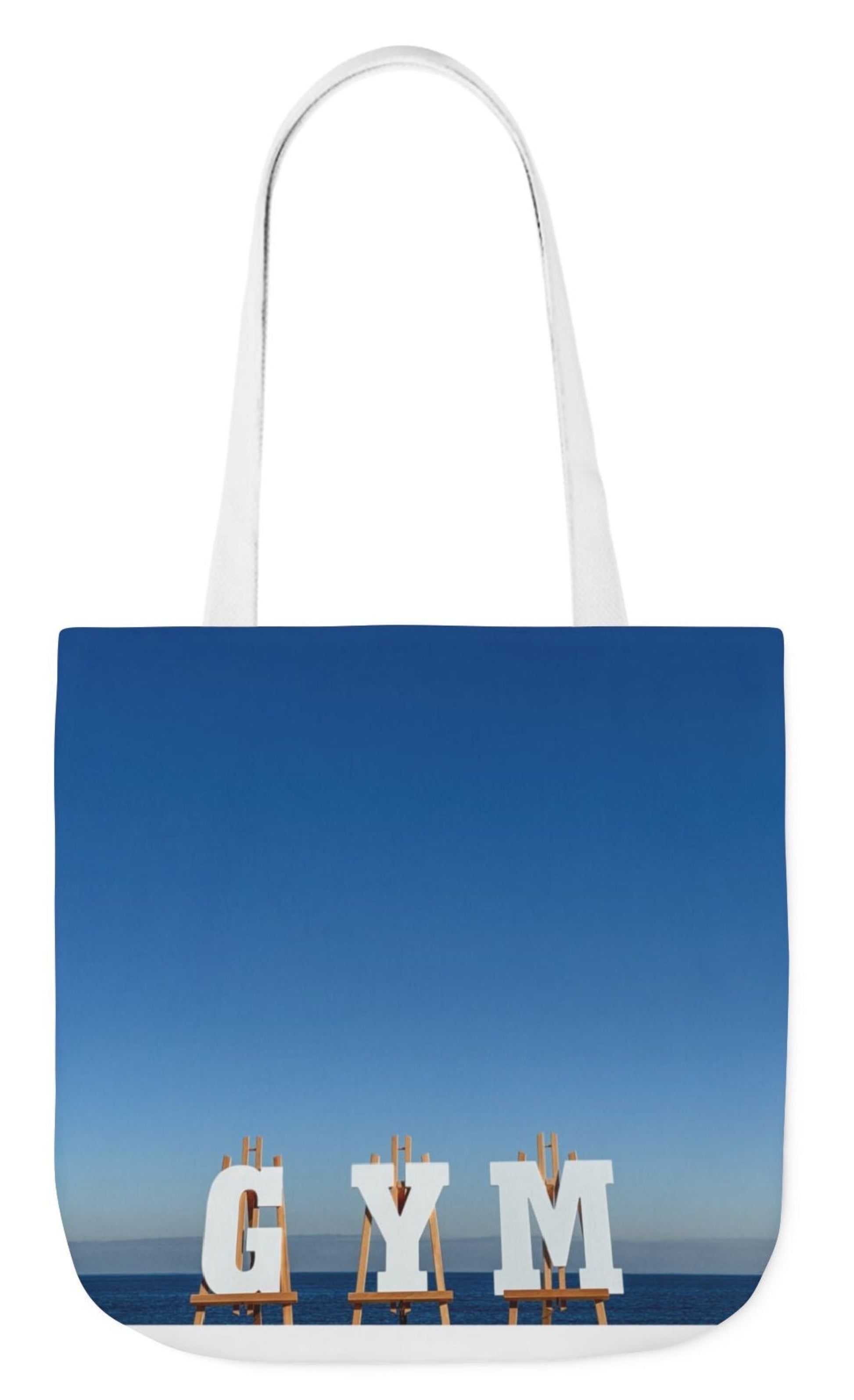 gym tote bag gym in white with blue sea and sky 18" x 18" white handles