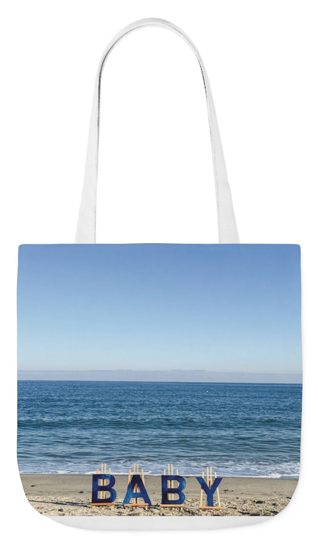 Baby boy tote bag with coastal design and white handles