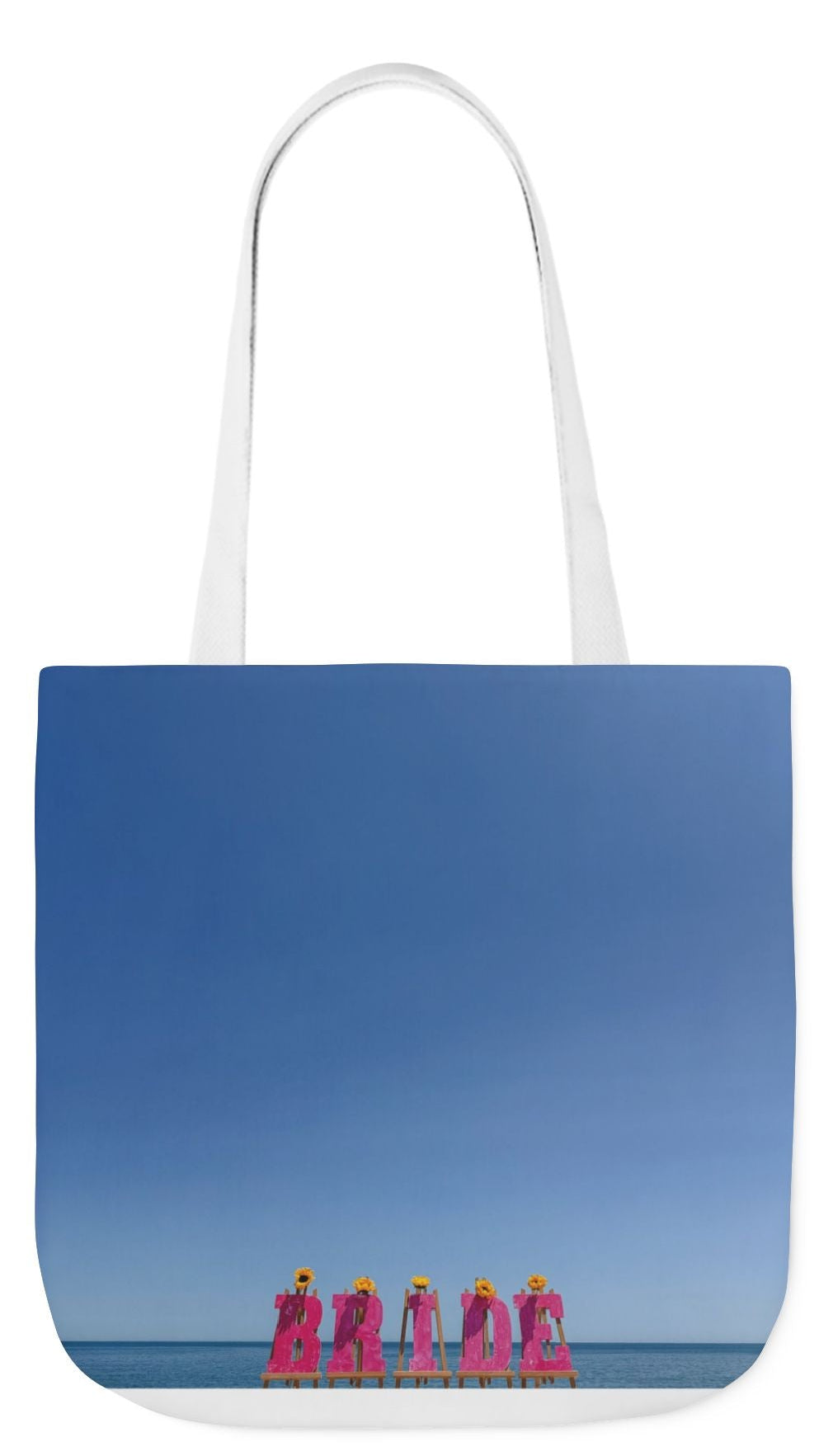 Bride Tote Bag 18” x 18”different print on each side. Choice of Pink or White Handles. "Shoreline & Beachfront Bride Bag"