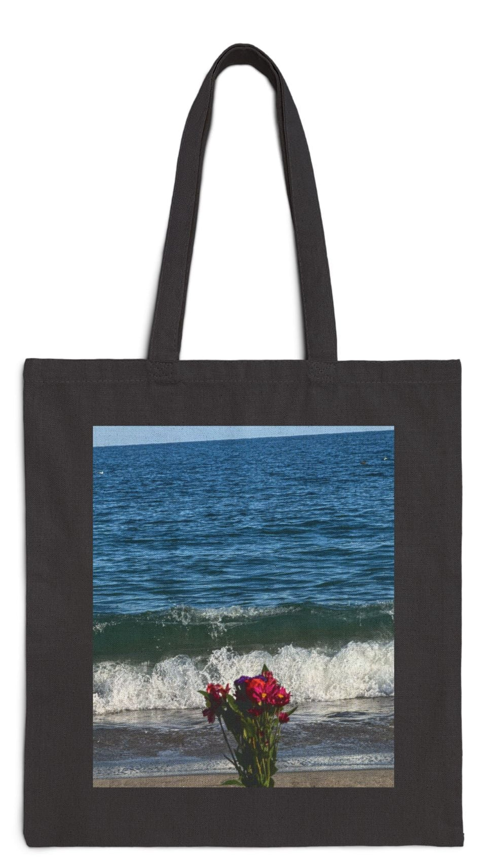 Floral Tote Bag Black 15" x 16" Cotton Canvas Print on One Side. " Beachside Flowers"