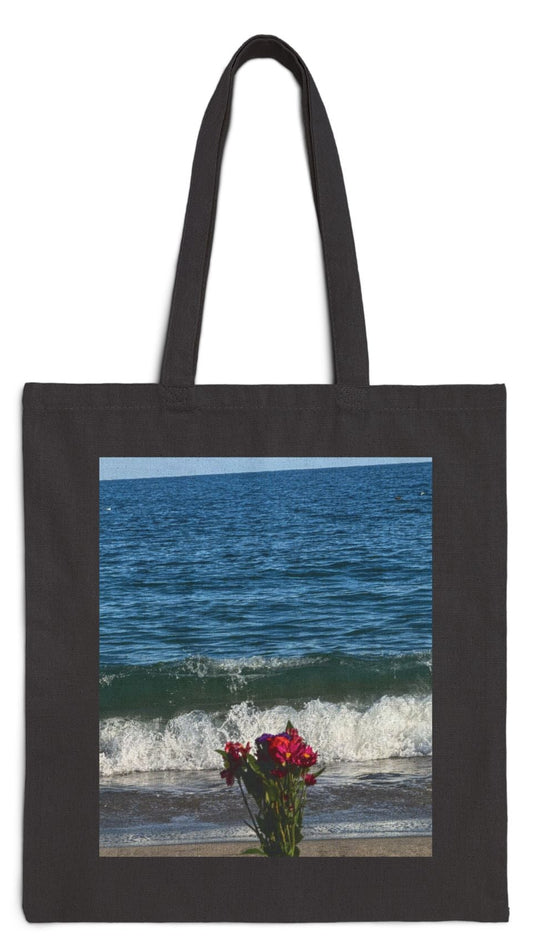 Floral Tote Bag Black 15" x 16" Cotton Canvas Print on One Side. " Beachside Flowers"