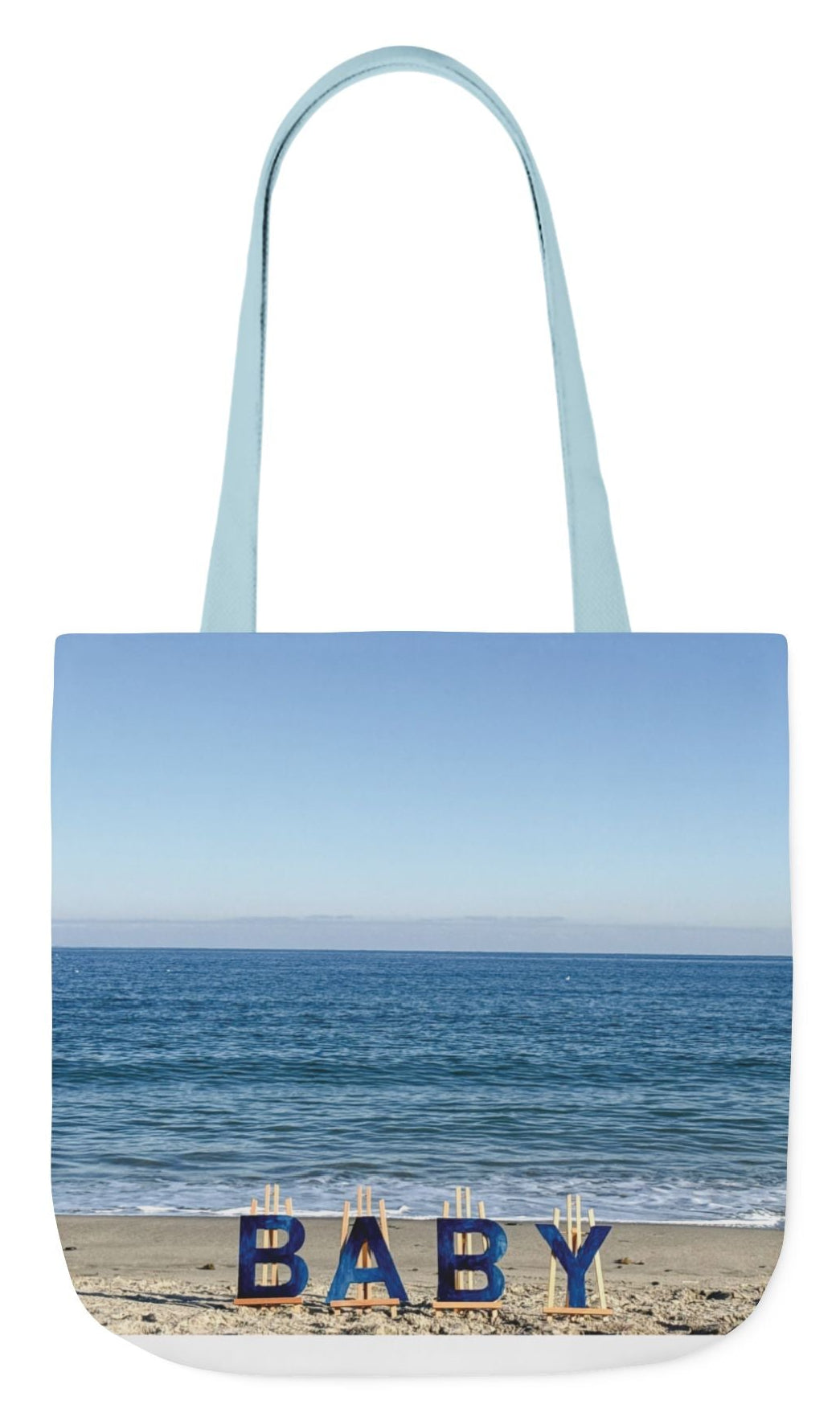 Baby tote bag with blue handles beach scene