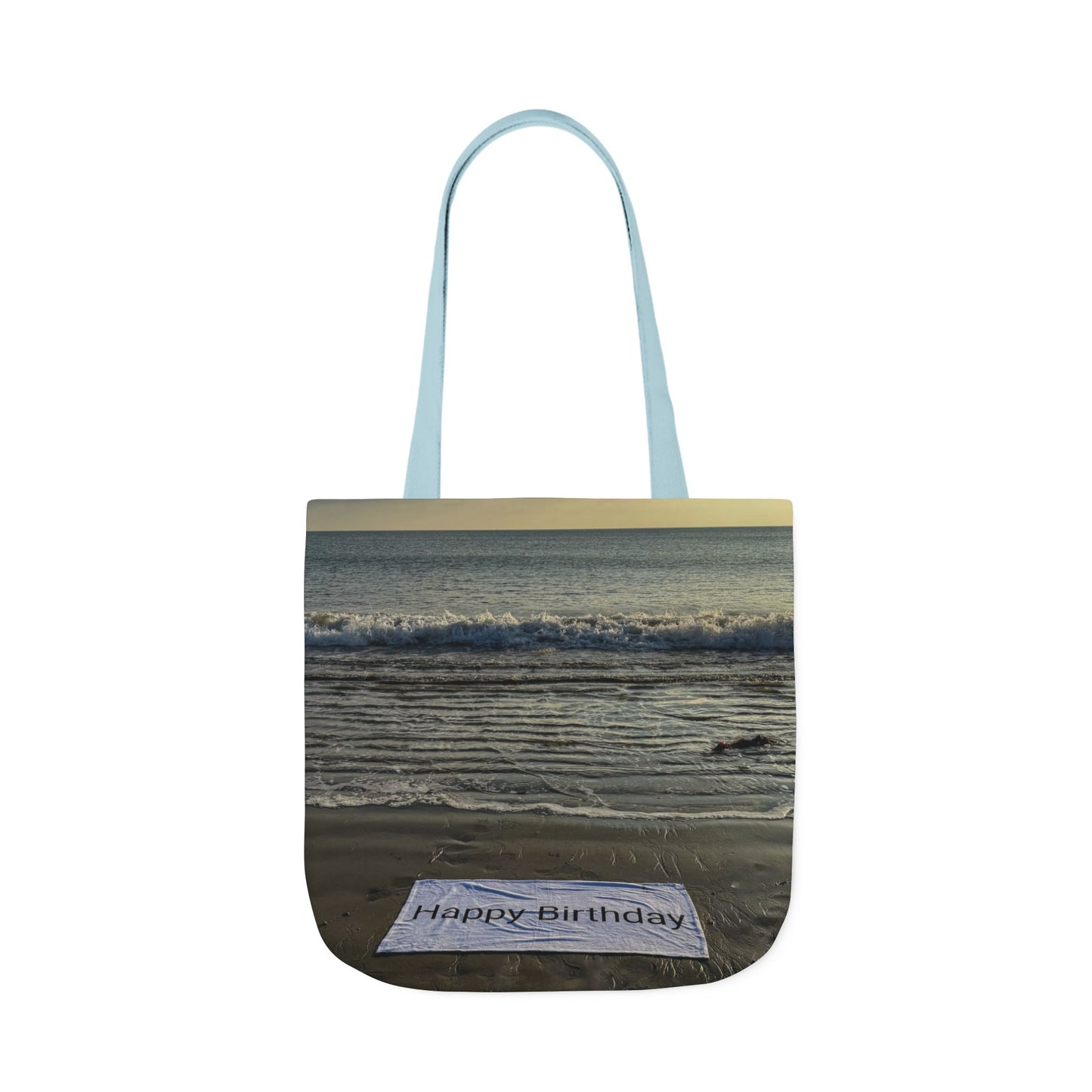Birthday Tote Bag 18” x 18” different print on each side. 3 Handle Color Options. “Beach & Beachfront Birthday Bag”