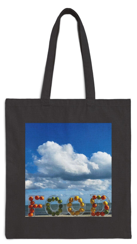 Food Tote Bag Black 15” x 16” Cotton Canvas Different Print on Each Side. "Beachy Food & Seashore Food" Bag.