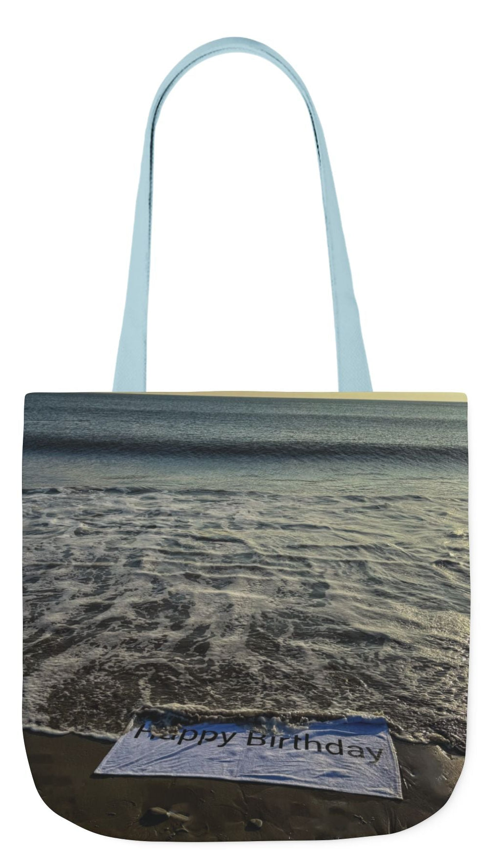 Birthday Tote Bag 18” x 18” different print on each side. 3 Handle Color Options. “Beach & Beachfront Birthday Bag”
