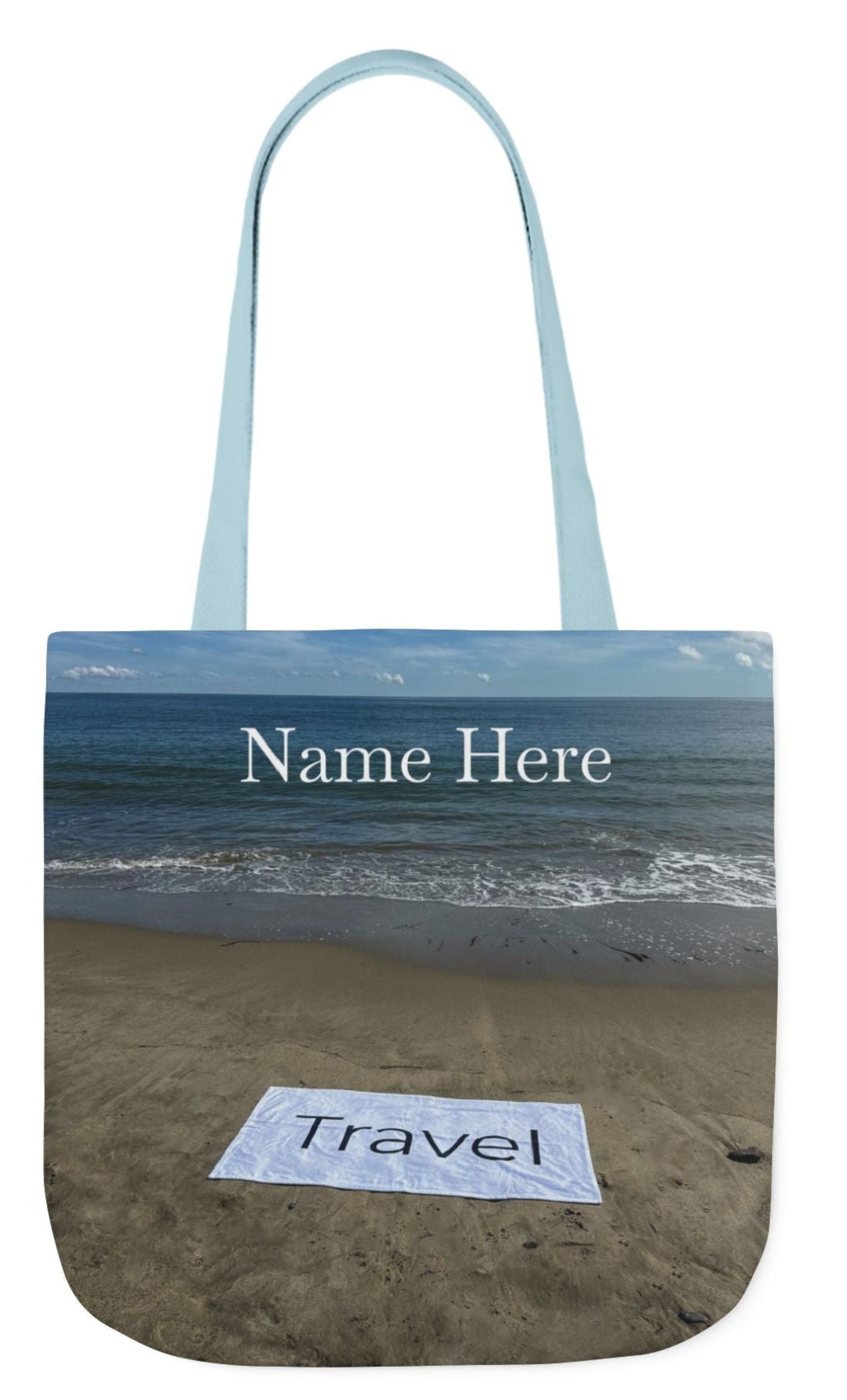 personalized travel tote bag with blue handles 18 x 18 beachfront