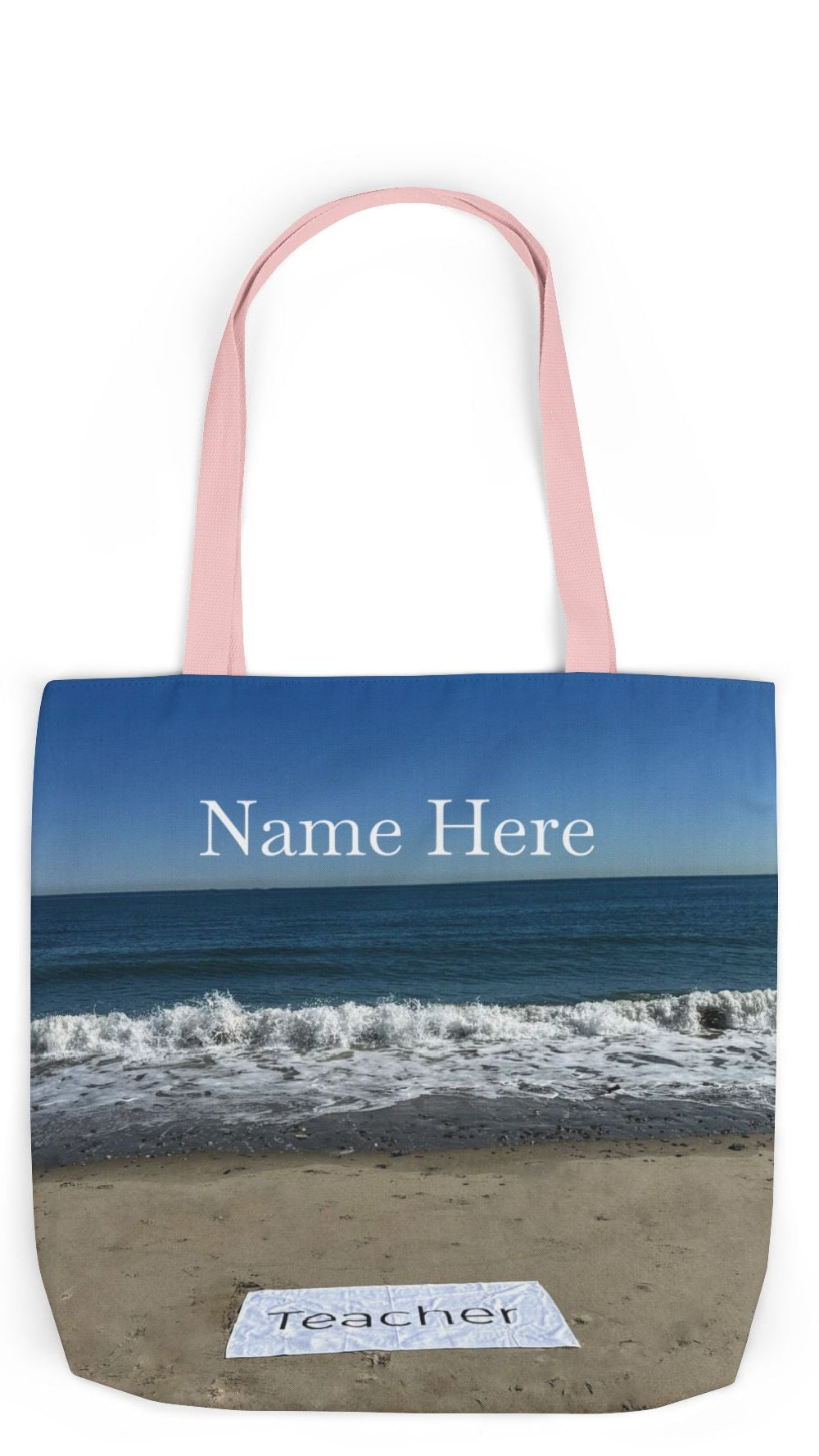 Teacher Tote Bag 18” x 18”  same print on each side. 5 Handle Color Options. “Beachfront Teacher Bag”