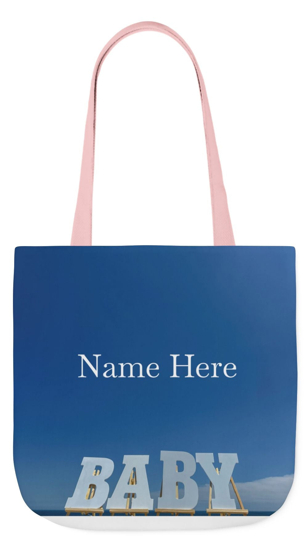Baby Tote Bag 18”x 18” same print on each side with white, blue or pink handle options. “Bright Sky Baby Bag Personalized"
