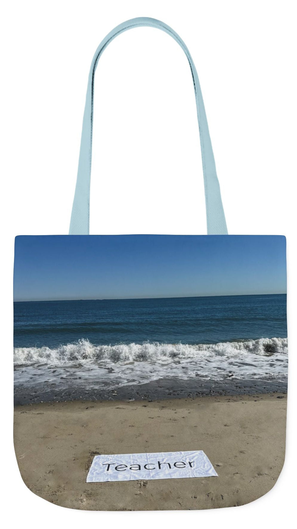 Teacher Tote Bag 18” x 18”  same print on each side. 5 Handle Color Options. “Beachfront Teacher Bag”
