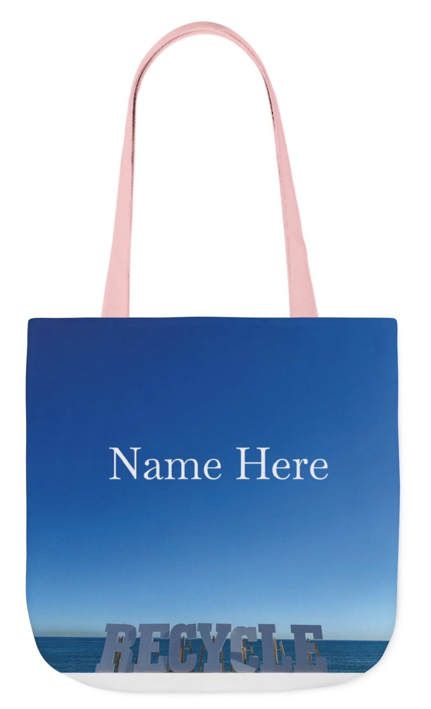Recycle Tote Bag 18" x 18" different print on each side. 5 Handle Color Options. "Beach Recycle & Seaside Recycle Bag Personalized”