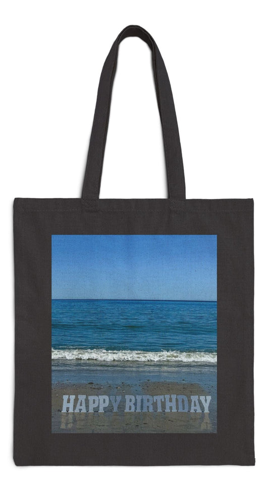 Birthday Tote Bag Black 15" x 16" Cotton Canvas Print on One Side. "Beach Birthday"