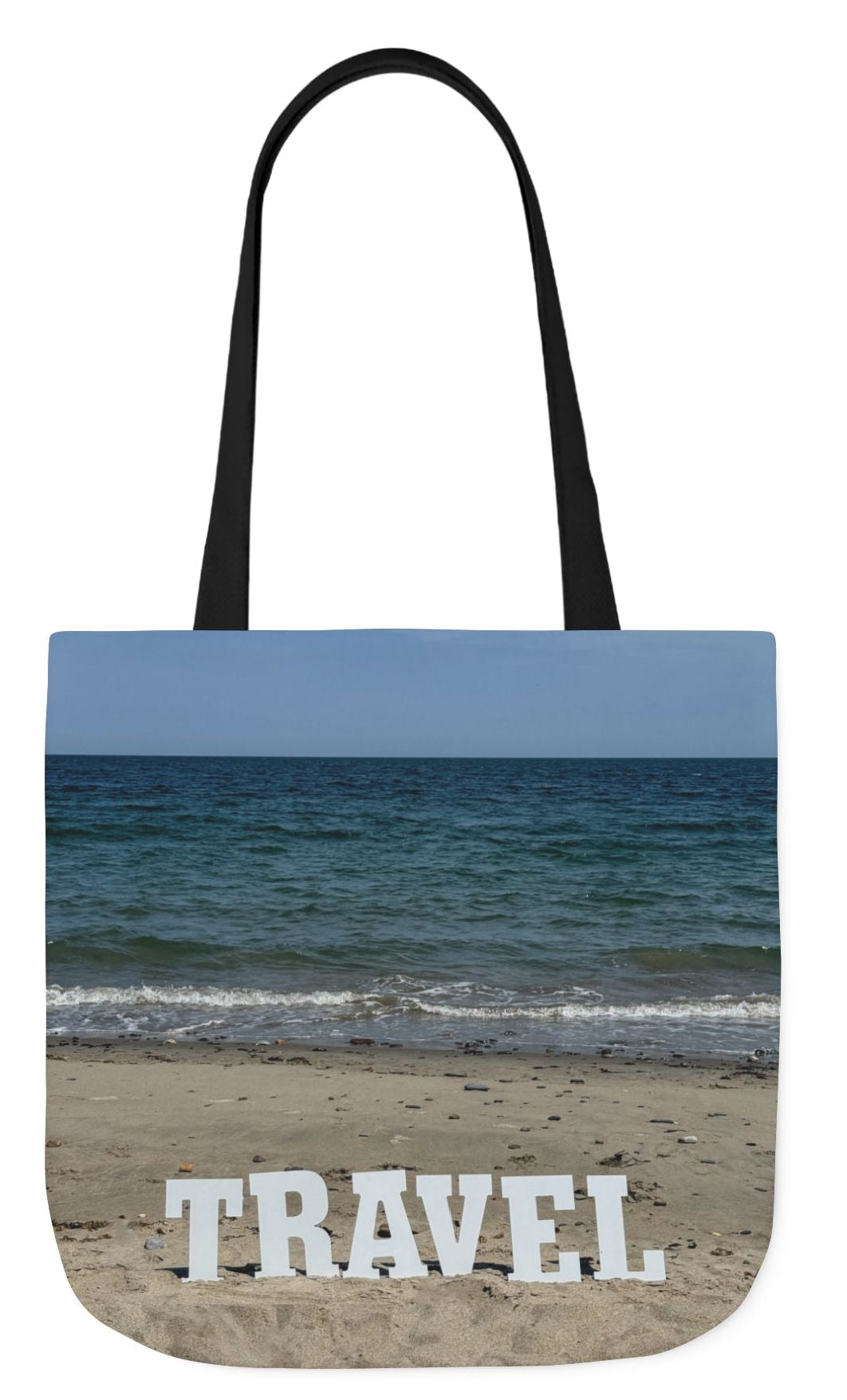 travel tote bag black handles matching beach scene each side