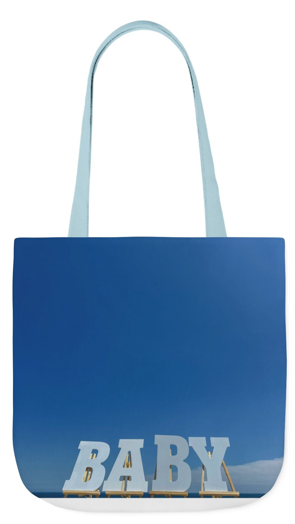 Baby Tote Bag 18”x 18” same print on each side with white, blue or pink handle options. “Bright Sky Baby Bag”.