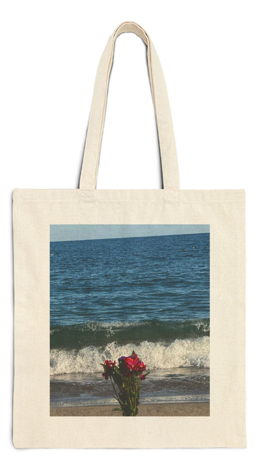 Floral Cotton Canvas Black Tote Bag 15" x 16" Print on one side. " Beachside Flowers"