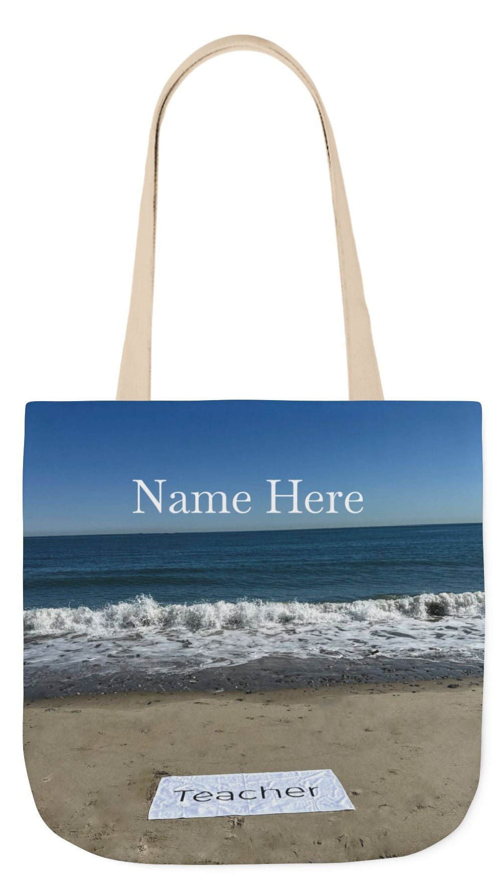 Teacher Tote Bag 18” x 18”  same print on each side. 5 Handle Color Options. “Beachfront Teacher Bag”
