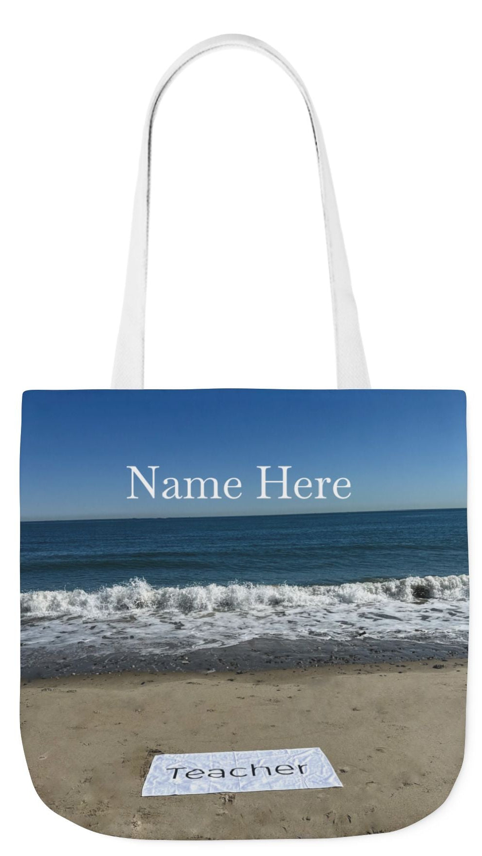 Teacher Tote Bag 18” x 18”  same print on each side. 5 Handle Color Options. “Beachfront Teacher Bag”