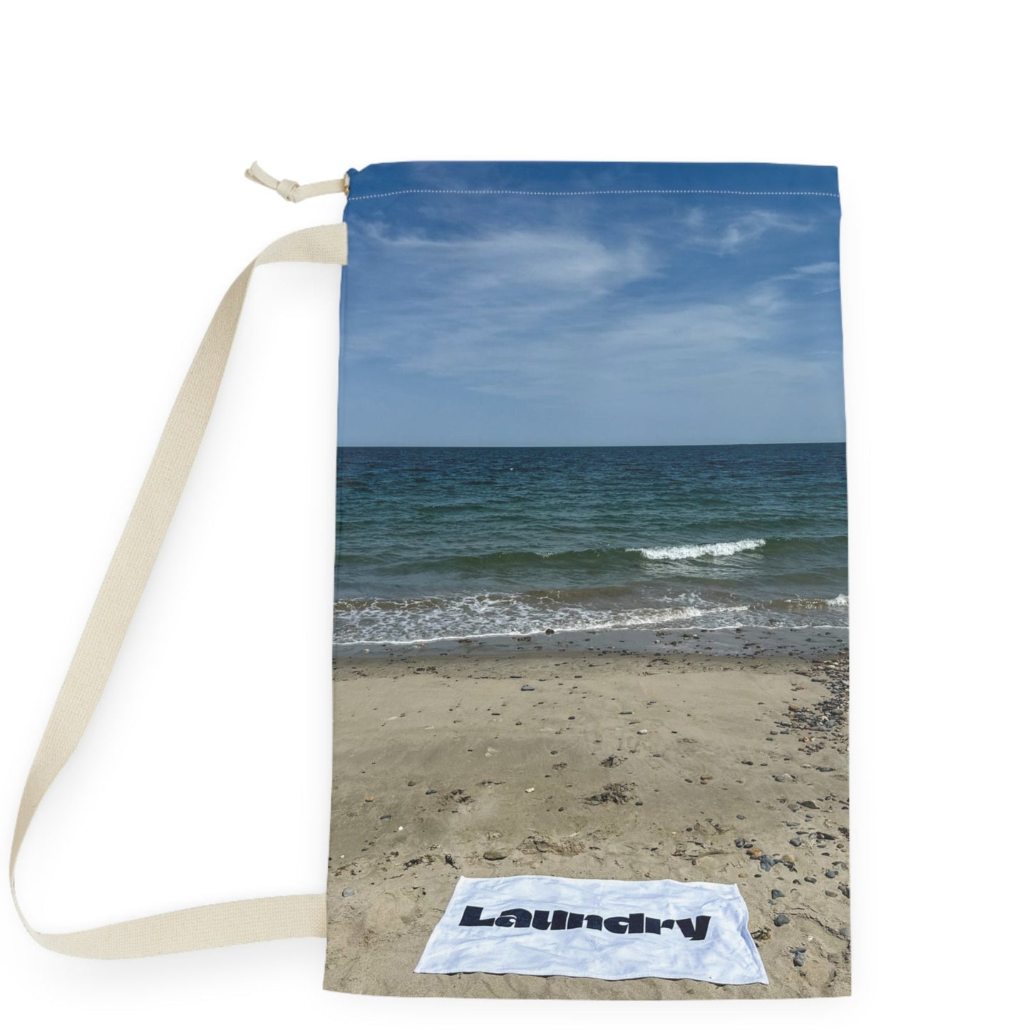Laundry bag with shoulder strap and drawstring. Allover same print on both sides. "18 x 29". Seaside Laundry Day".