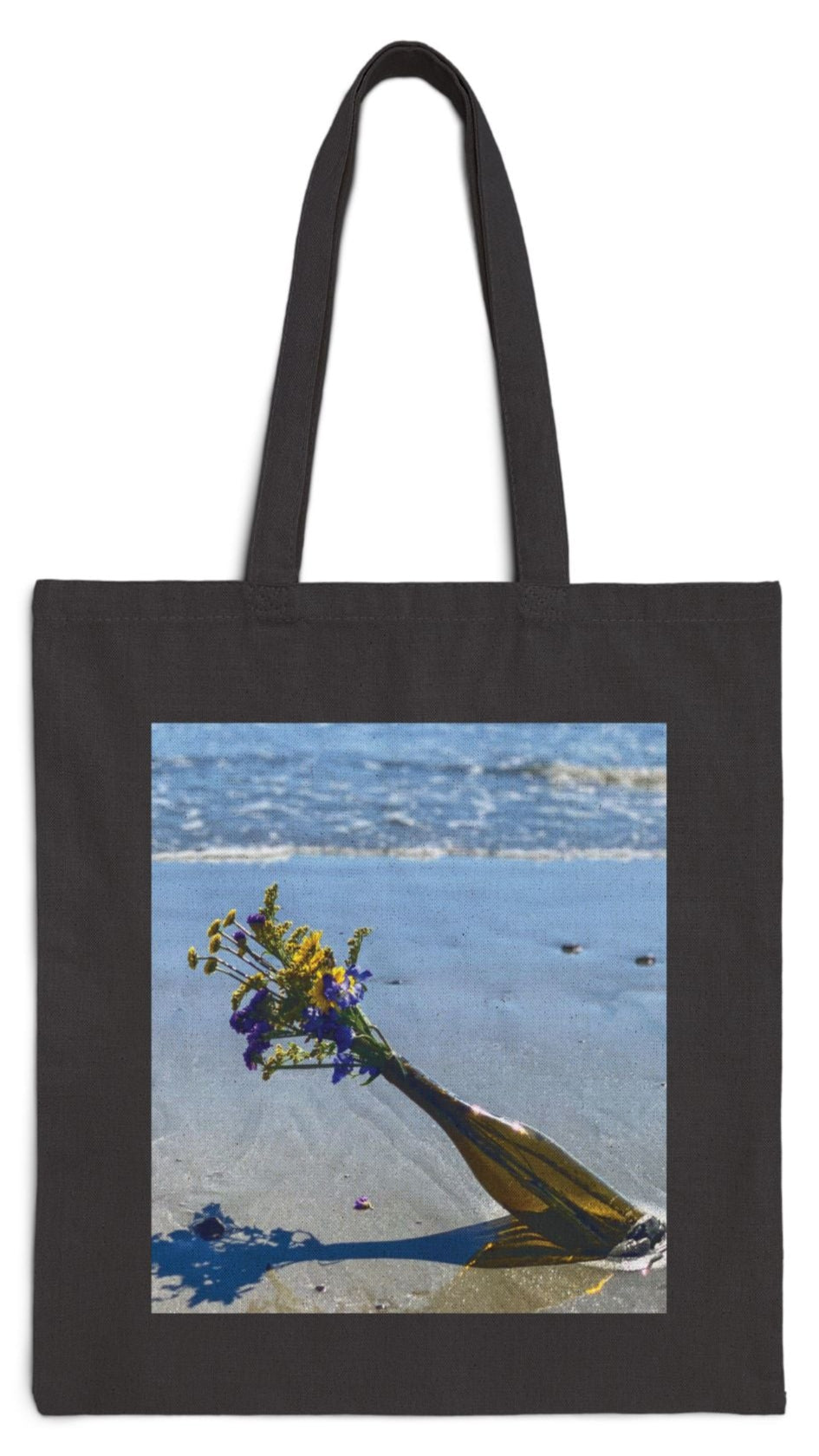 Floral Tote Bag Black 15" x 16" Cotton Canvas Print on One Side. "Seaside Flowers in a Bottle"