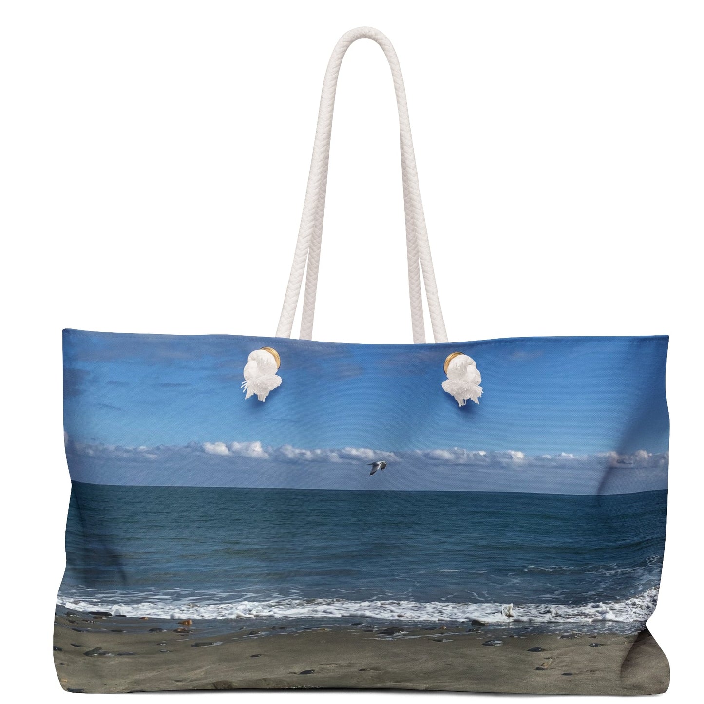 Weekender Tote Bag 24" x 13" with Different Print on Each Side and Rope Handles. “Big Waves & Shore Bird"