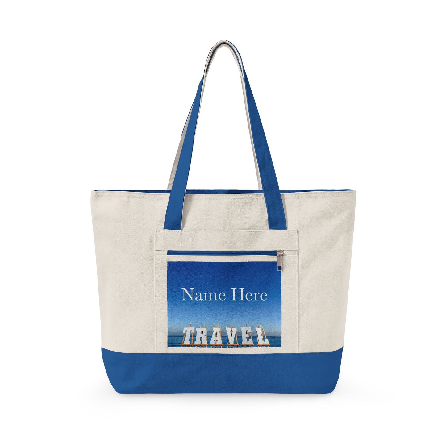 Personalized Travel Tote Bag with Zippers and Blue Trim. “Seaside Travel Bag”